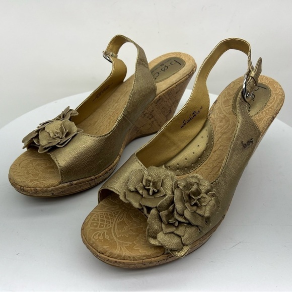 Born boc Sandals Heels Espadrille Gold Leather Open Toe Sling Back Cork Wedge 11 - Picture 1 of 16